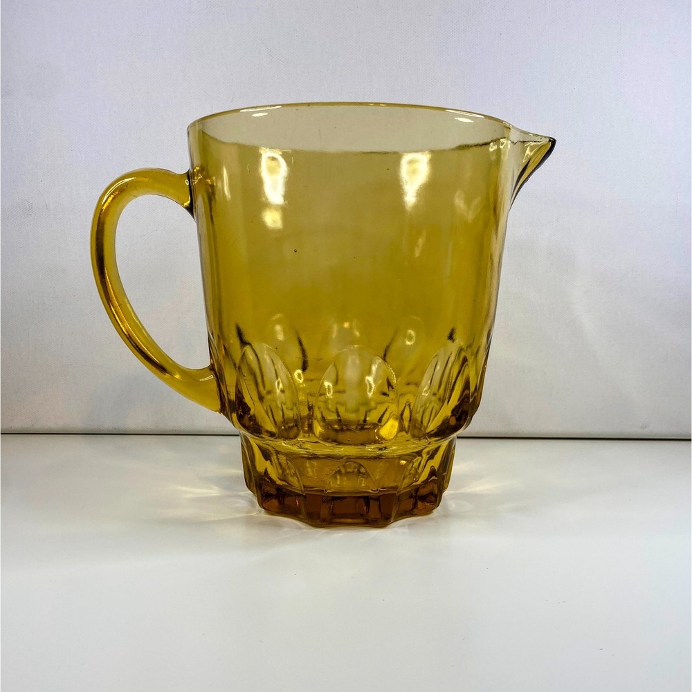Vintage MCM Hazel Atlas Glass Amber Yellow Thumbprint Pitcher